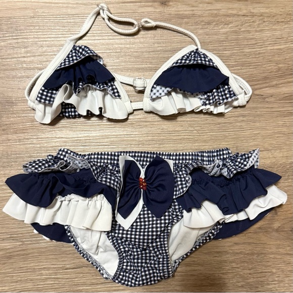 Isobella & Chloe Navy and White Kids Ruffle Triangle Top Swim Bikini - Picture 1 of 6